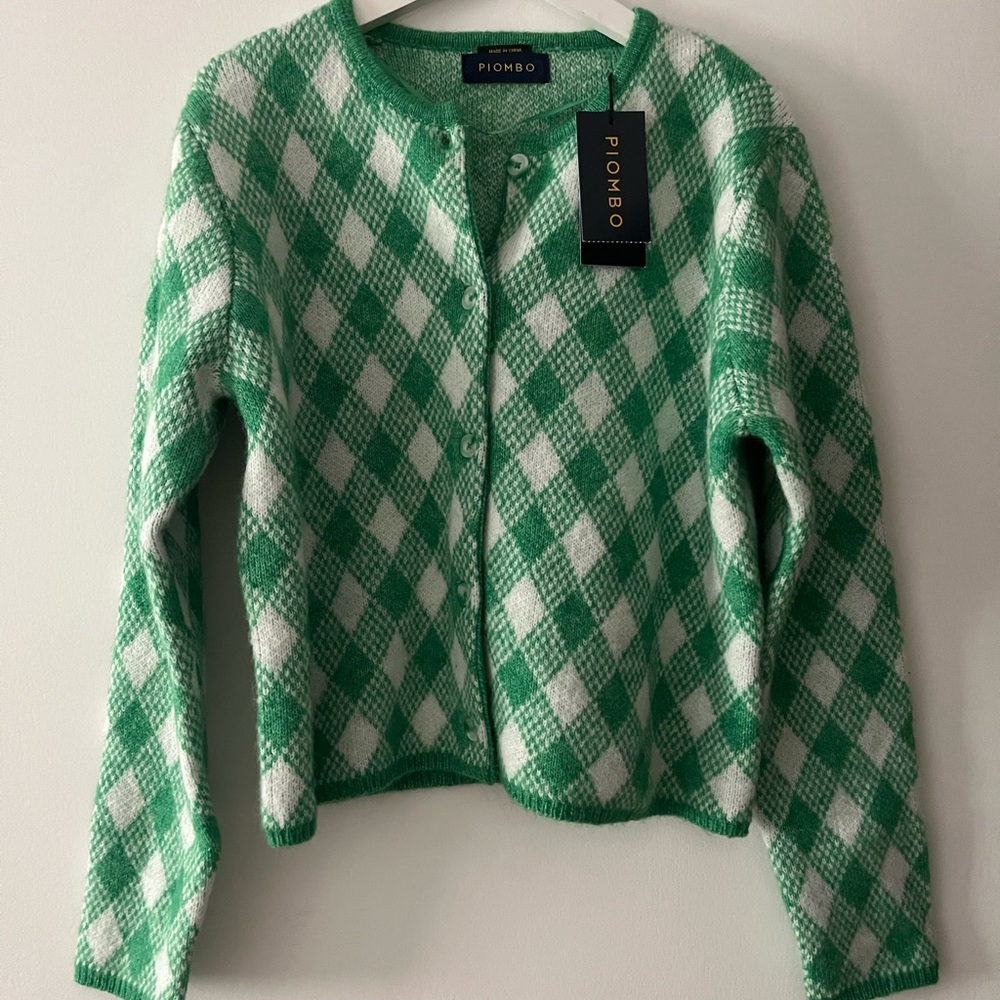Piombo Women's Green and White Argyle Cardigan